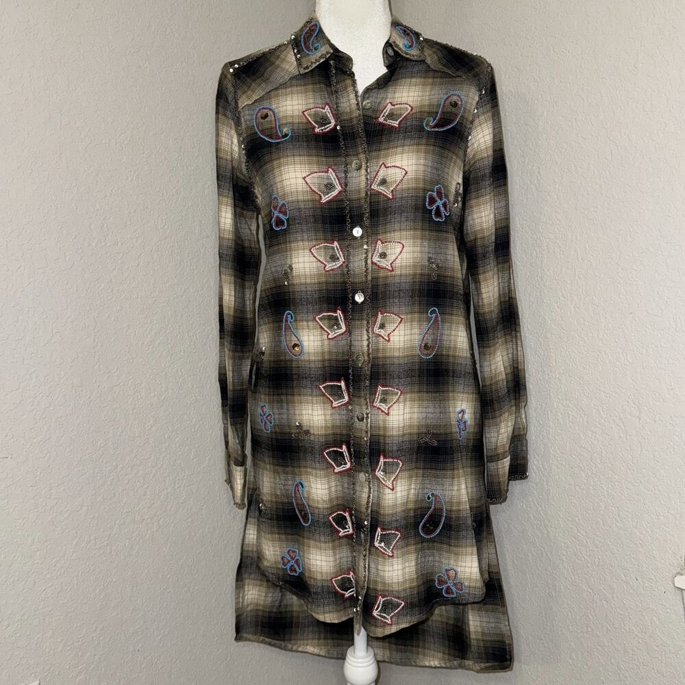 Miss Me Vintage Shirt Dress Women's Small Brown Black Plaid‎ Embroidered Beaded
